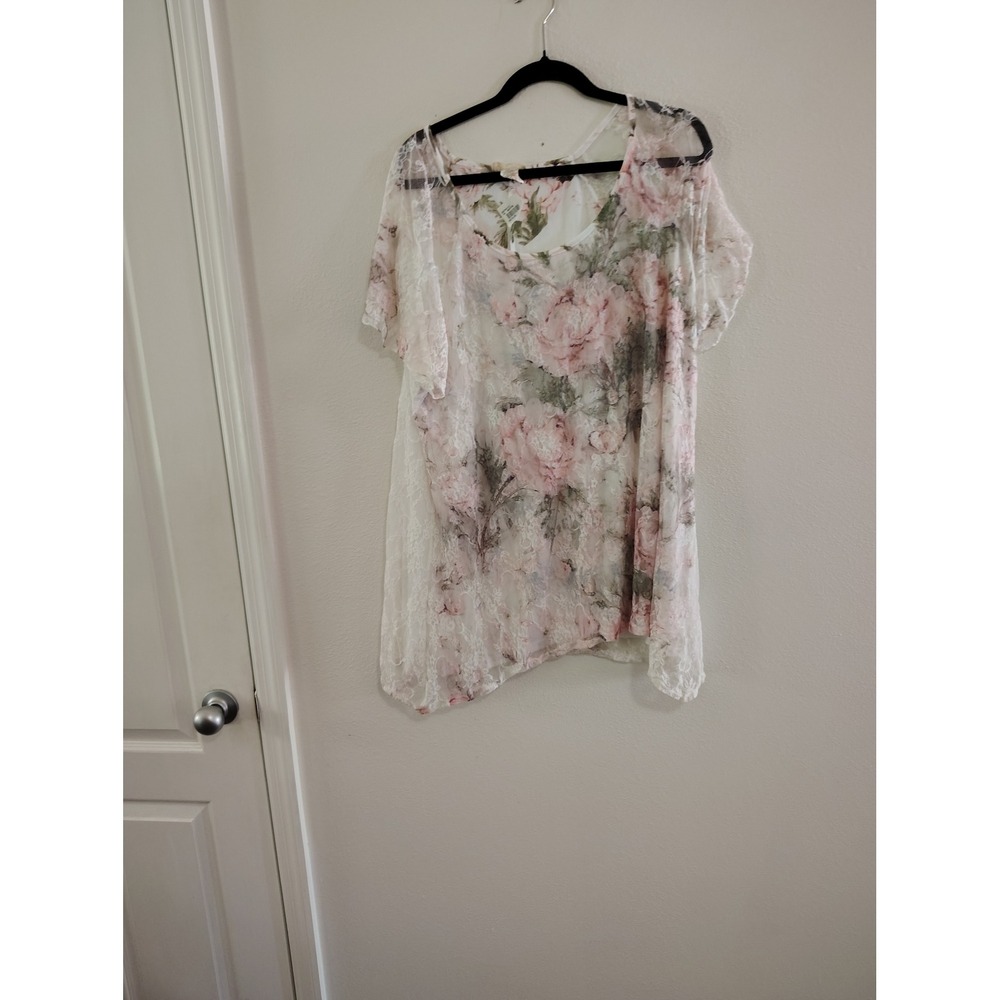 Brittany Black Floral Lace Tunic Top Womens 2X Pink Rose Print Layered‎ Blouse